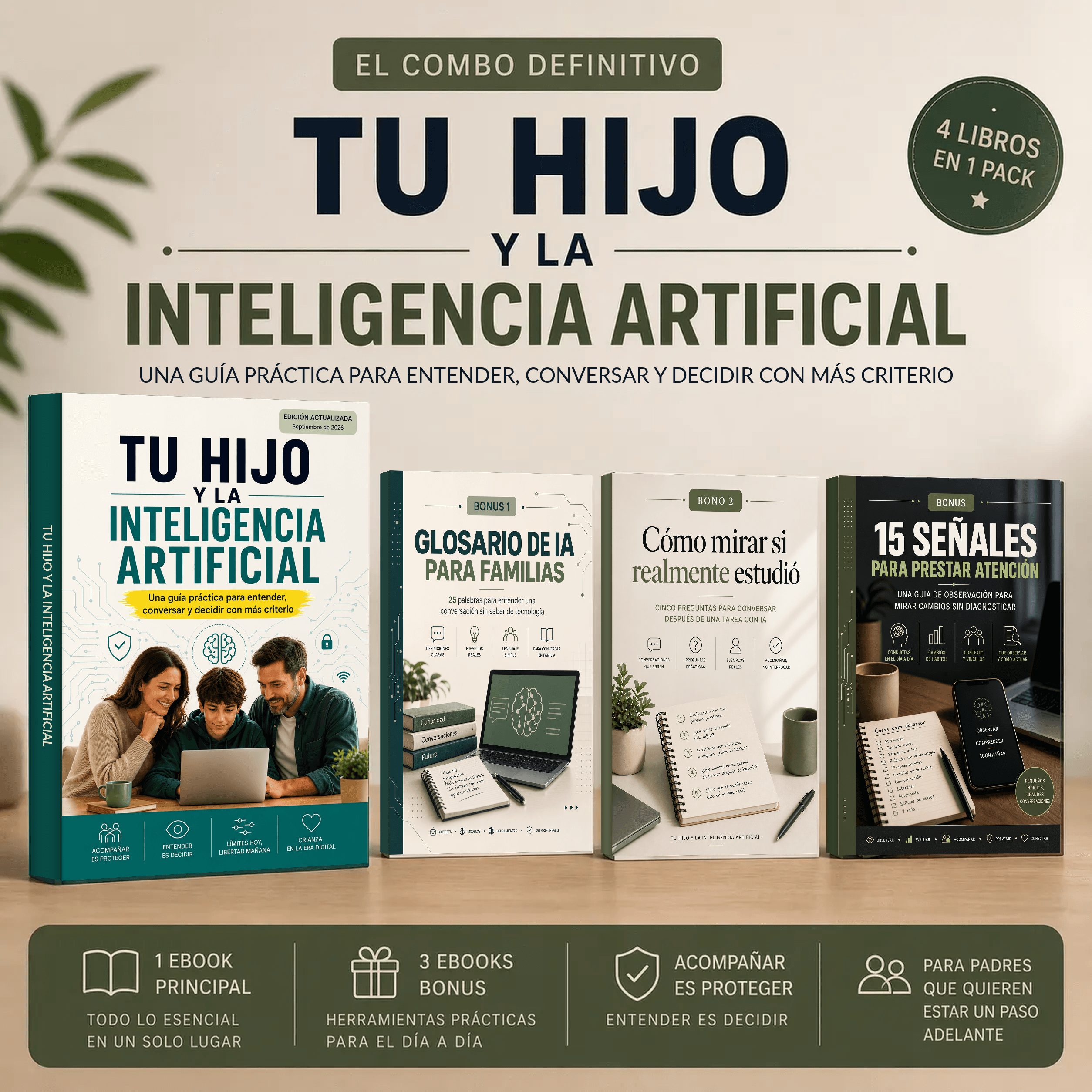 Guía principal y tres herramientas del Kit IA en Familia